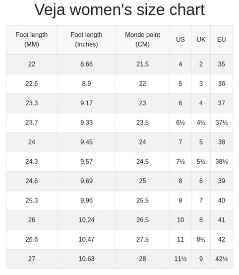 veja size chart women's.